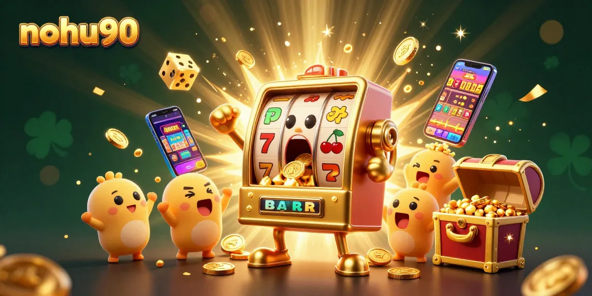 Nohu90's exciting jackpot scene with golden slot machines and bursting coins, celebrating wins.