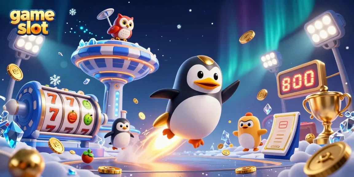 Experience thrilling game slot action with a golden penguin soaring towards a poker chip-shaped casino.