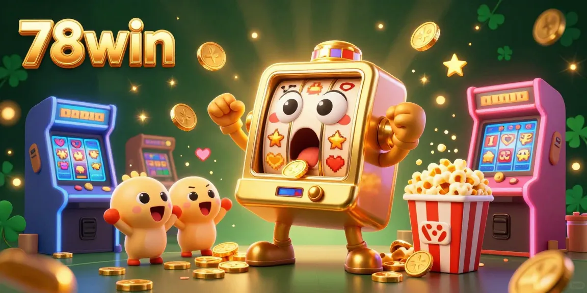 Experience the excitement of 78win with a joyful golden slot machine celebrating its jackpot amidst vibrant casino elements.