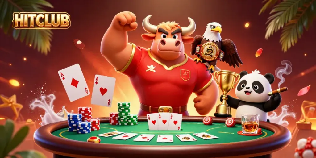 Engage with HITCLUB's vibrant casino atmosphere featuring characters and thrilling poker elements.