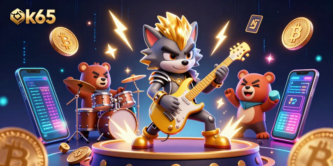 Experience thrilling wins at ok65 with rock star wolf and drummer bear on a vibrant casino stage