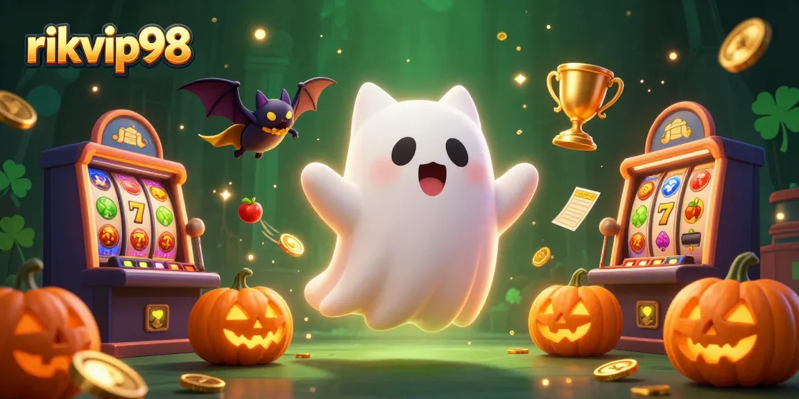 Play exciting casino games at rikvip98 with a ghost cat and vampire bat in a haunted mansion.