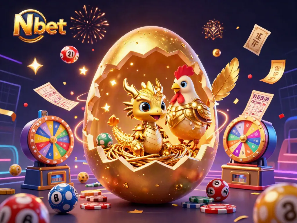 N bet reveals a golden baby dragon amidst gaming excitement with vibrant lottery elements