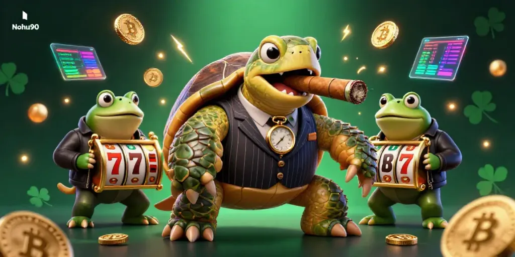 Engage in thrilling luck with Nohu90 while surrounded by slot machines and neon crypto coins.