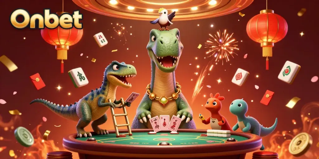 Experience the excitement of Onbet where a giant brontosaurus interacts with a clever raptor in a vibrant casino scene.