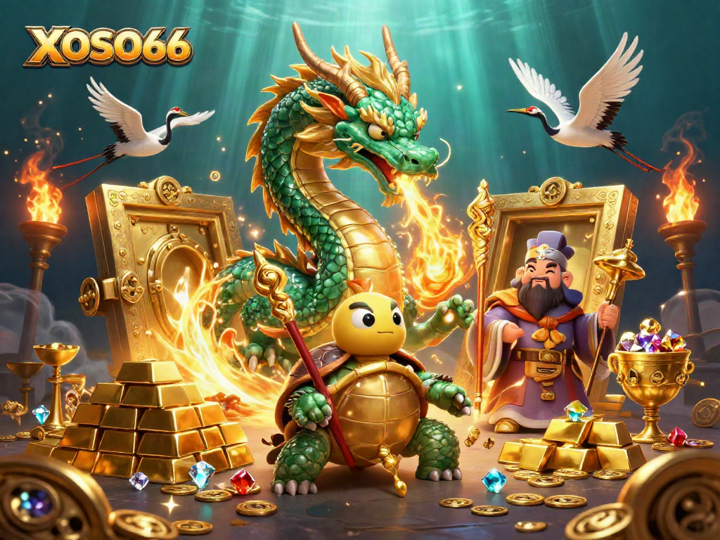 Join the luck at XOSO66 with golden treasures and mythical creatures in an engaging casino scene.
