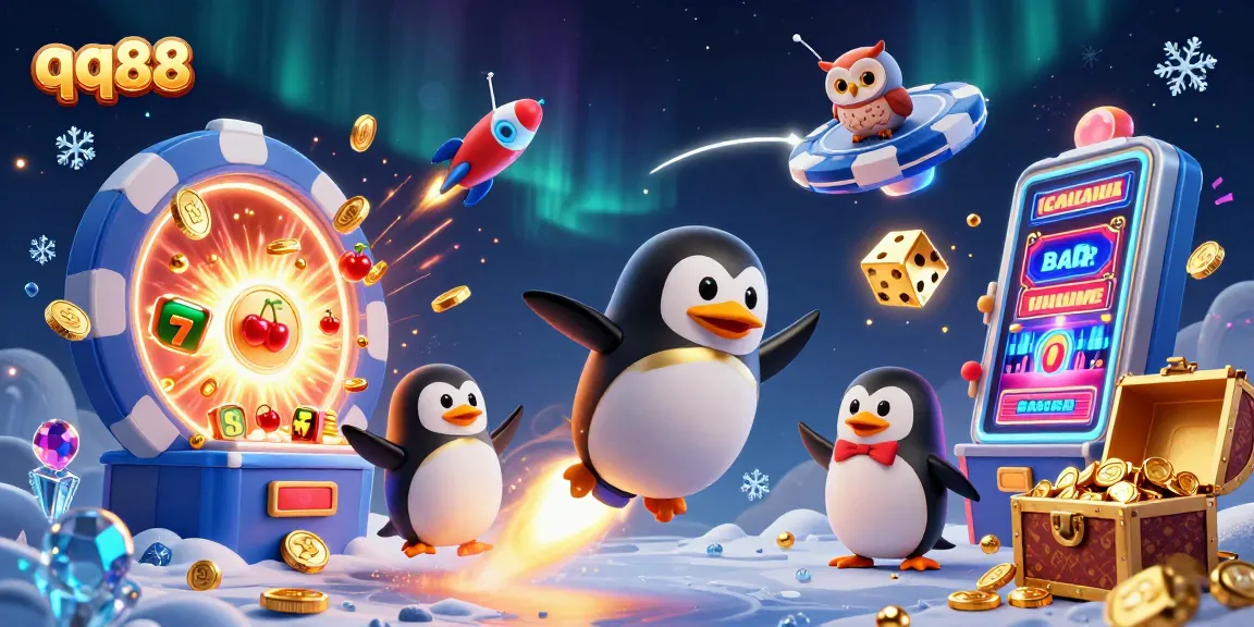 Engage with qq88's thrilling journey as a golden penguin blasts through a cosmic casino world.