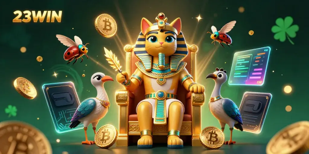 Experience the vibrant world of 23WIN, showcasing a cartoon Egyptian pharaoh cat in a golden throne surrounded by lively gaming elements.