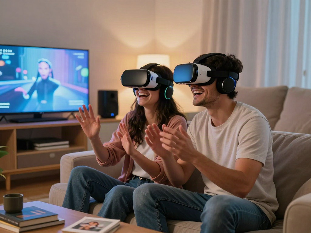 Couple exploring ai sex experiences using VR headsets in a cozy modern home.