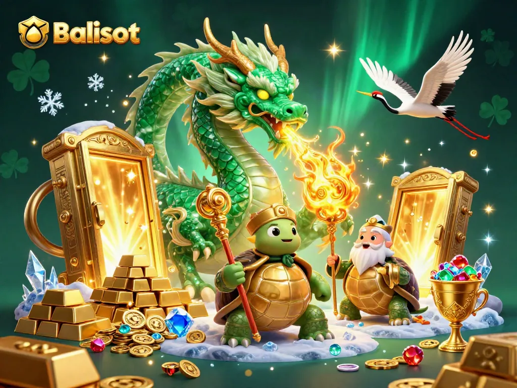 Balislot offers thrilling gameplay featuring a jade dragon, sage, and lucky cranes amidst treasures.