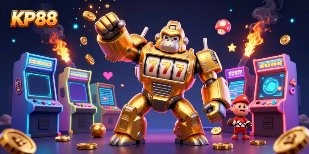 Experience the thrilling world of KP88 with a golden gorilla mech amid vibrant casino games.
