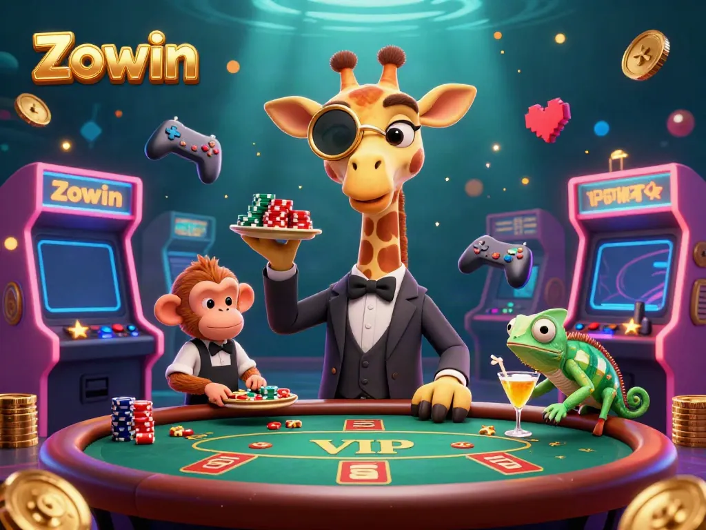 Experience fun gaming moments with Zowin's vibrant characters in a dazzling casino backdrop.