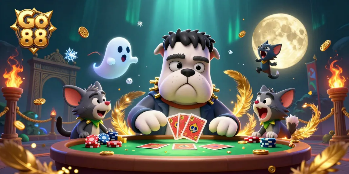 Experience the excitement of Go 88 at a haunted card table, where a unique mix of characters come together in a dynamic 3D casino setting.