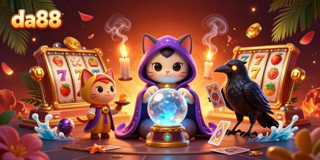 Experience winning strategies at da88 with vibrant 3D visuals of slot games and charming mystical characters.