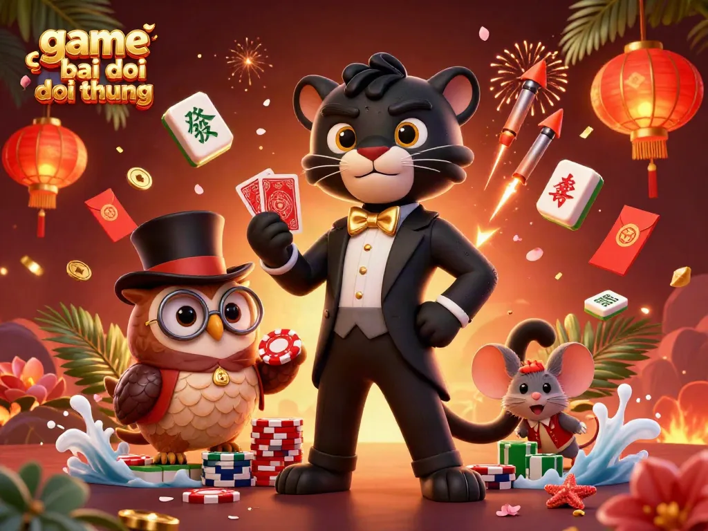 Engaging portrayal of a stylish panther dealing cards amidst festive elements in game bai doi thuong atmosphere.