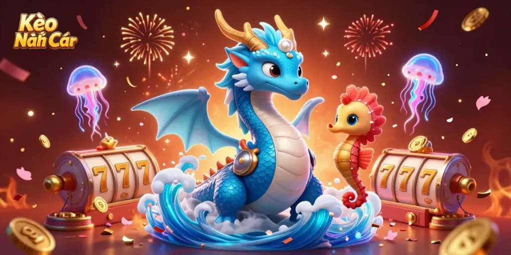 Engage with Kèo Nhà Cái in this vibrant scene of a dragon, knight, and jellyfish amidst casino elements.