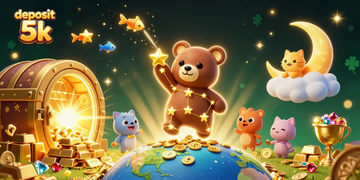 Experience thrilling wins with deposit 5k, featuring fun characters and dazzling treasures in a vibrant casino world.