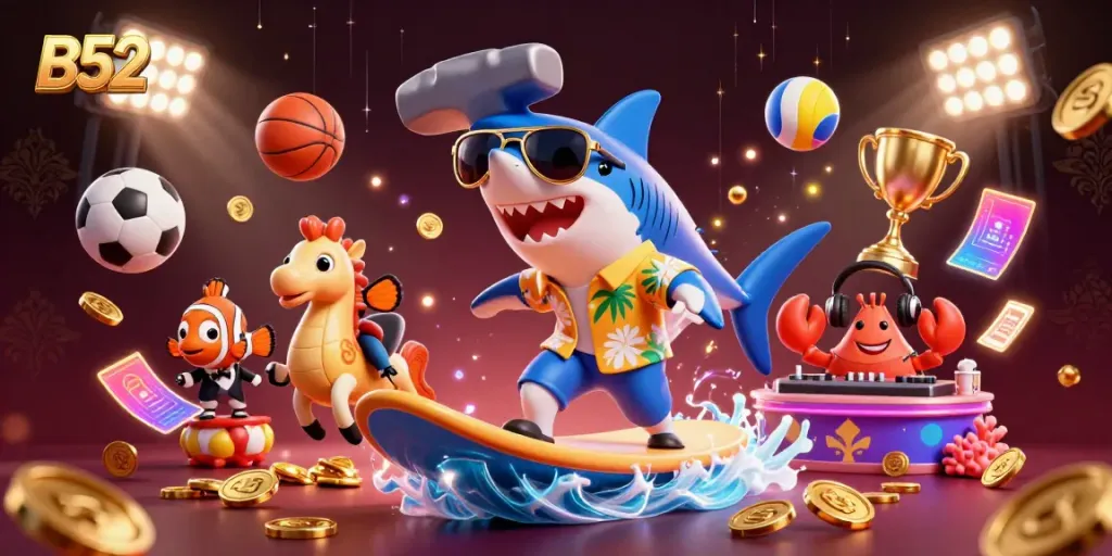 Experience the excitement of B52 with a vibrant casino scene featuring a shark and seahorse in a dynamic surfing adventure.