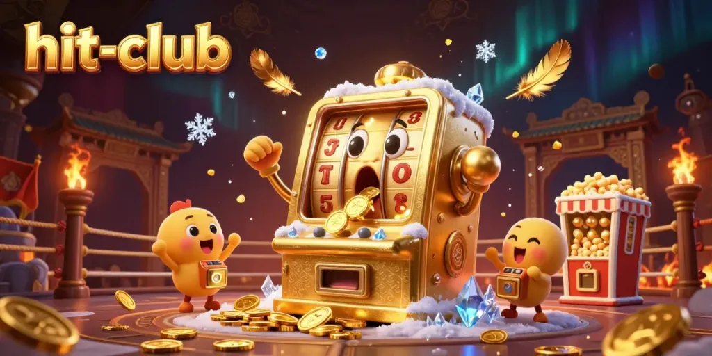 Hit-club's golden slot machine celebrates a jackpot victory surrounded by cheering baby machines and golden coins.