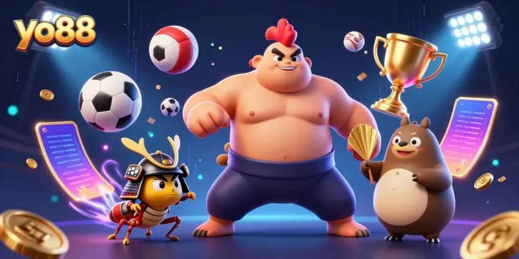 Engage with yo88 as cartoon characters capture the excitement of online gaming in a vibrant casino scene.