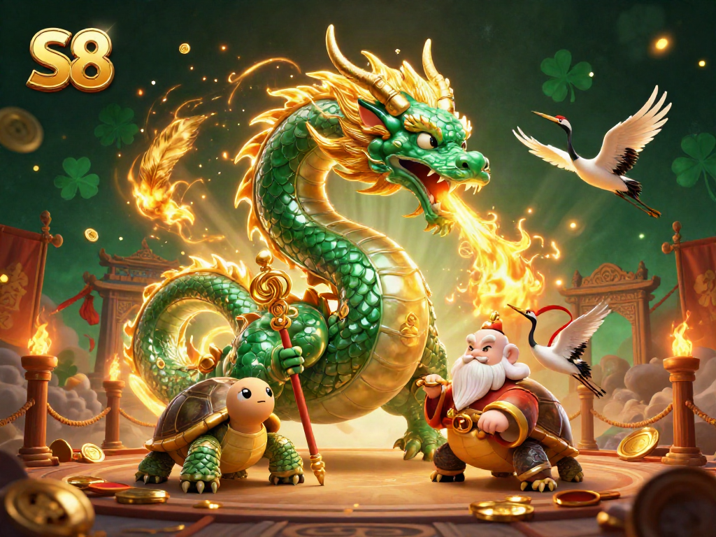 Experience the vibrant S8 casino atmosphere with a 3D dragon and lucky elements surrounding players.