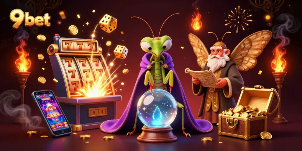 Win big at 9 bet with a vibrant 3D casino scene featuring fortune tellers and jackpot symbols!