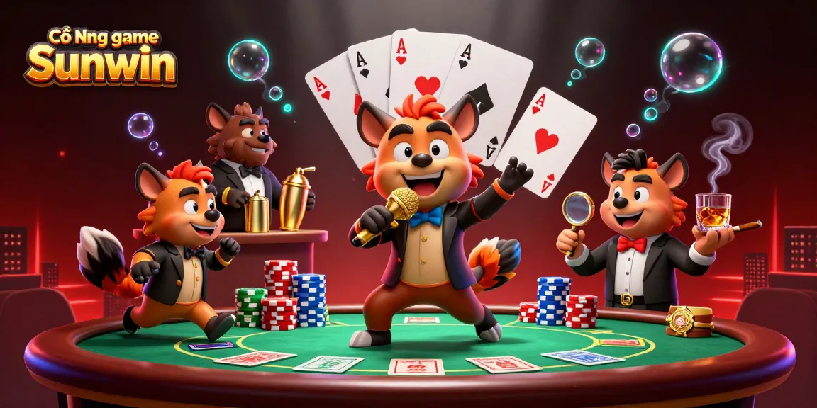 Cổng game Sunwin brings excitement with a vibrant casino atmosphere featuring engaging hyena characters.