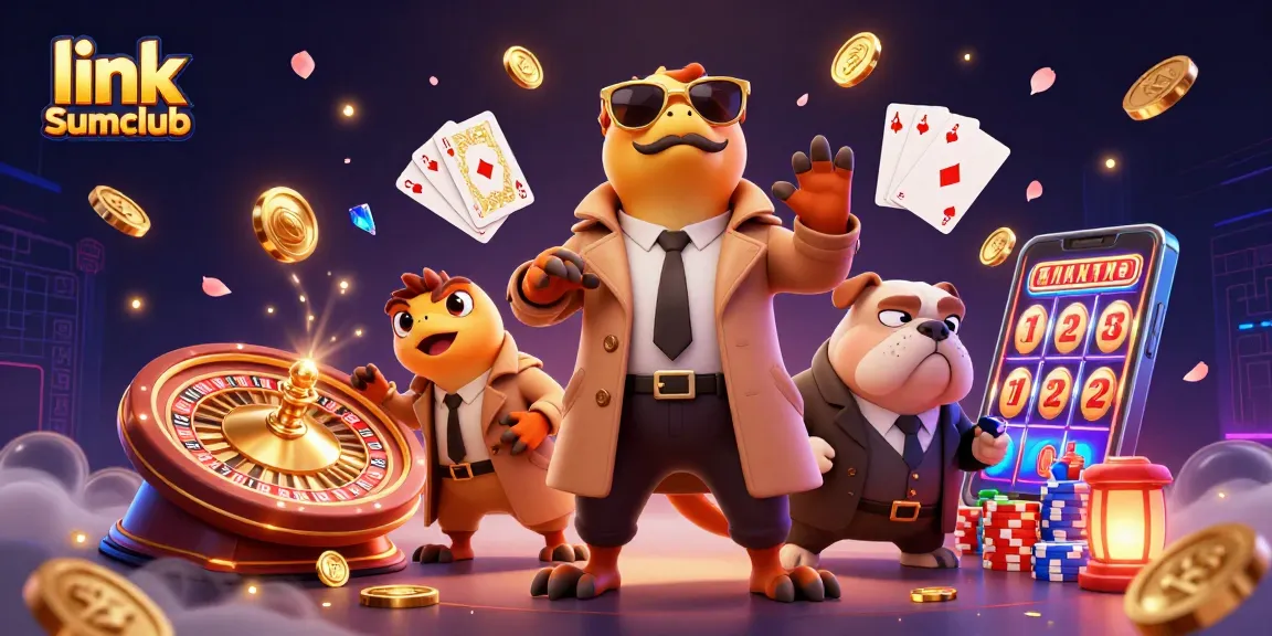 Experience the excitement with link Sumclub's dynamic casino scene featuring three raptors and a bulldog bouncer.