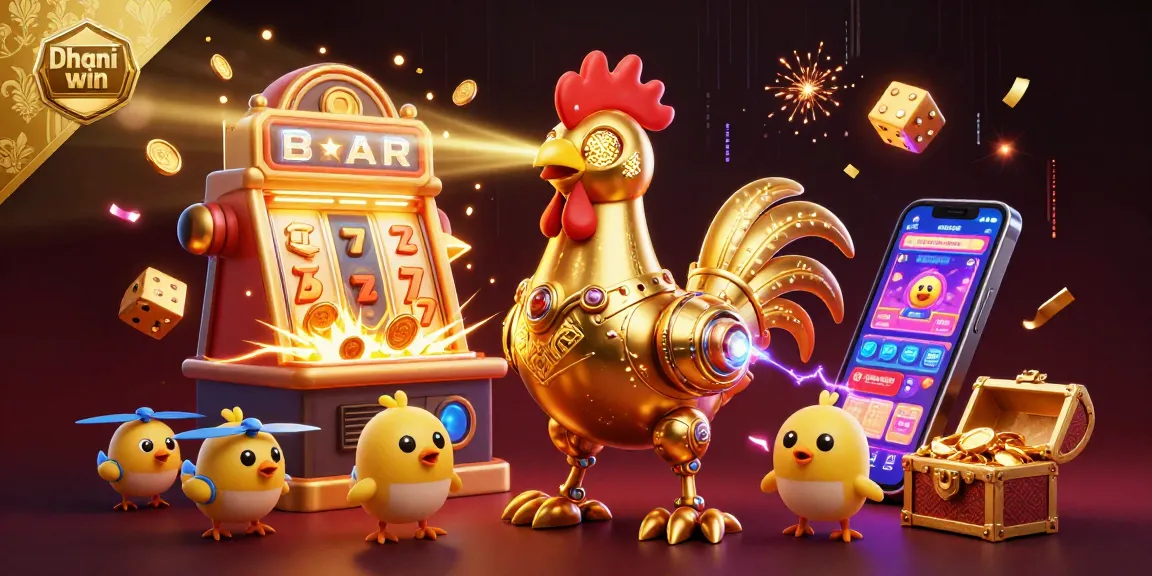 Dhani win engaging players with an exciting jackpot scene featuring a golden rooster robot and dynamic game elements.