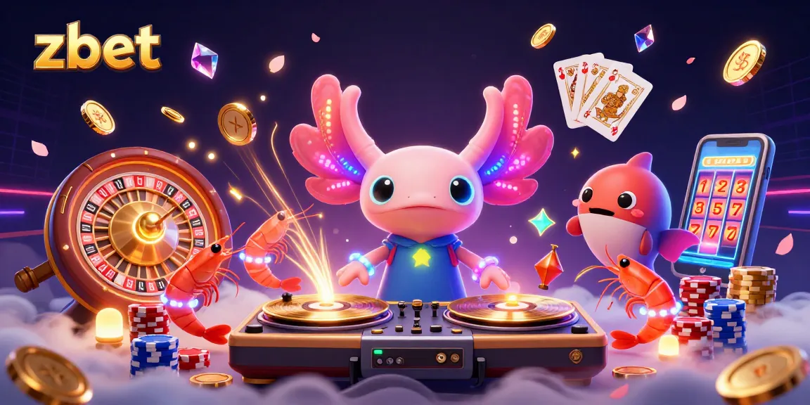 Experience vibrant casino energy with zbet in a 3D scene of neon characters and sparkling gaming elements.