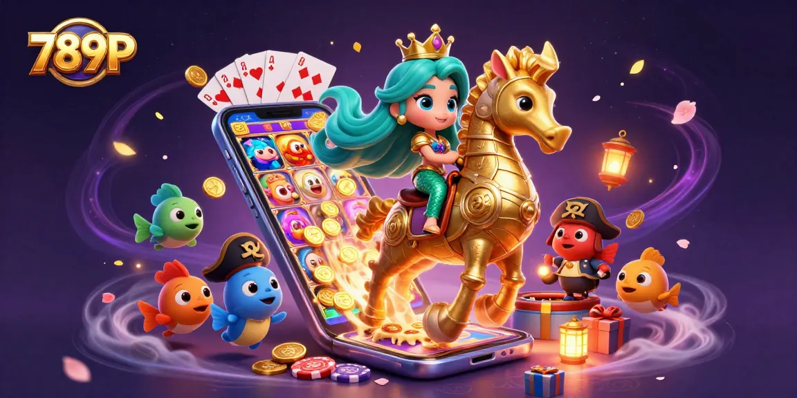 Experience thrilling adventures with 789P as the mermaid princess rides a seahorse amidst vibrant casino elements.