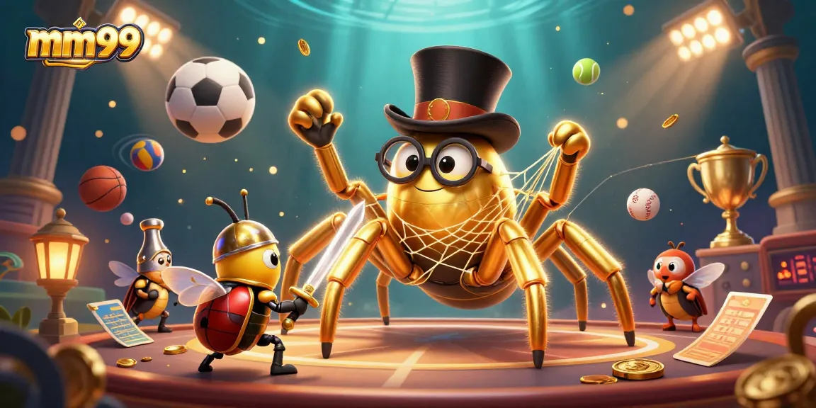 Experience the vibrant mm99 casino world with a golden tarantula and beetle knight amidst dynamic sports elements.